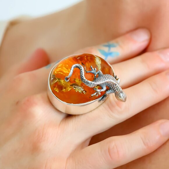 Baltic Amber Gecko Ring in 925 Sterling Silver - Handmade - Picture 1 of 9